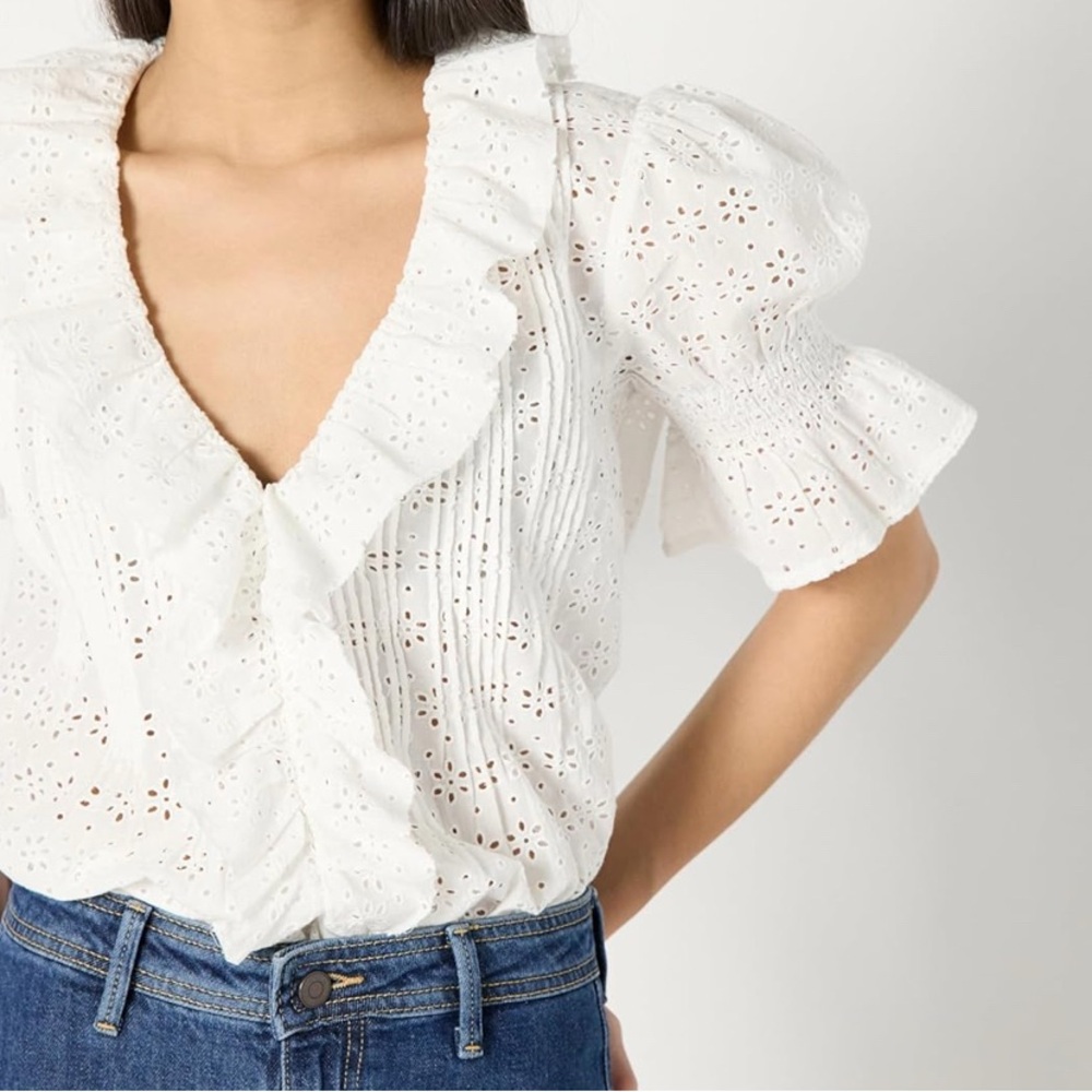 Elegant White Ruffle Eyelet Blouse Doen inspired.